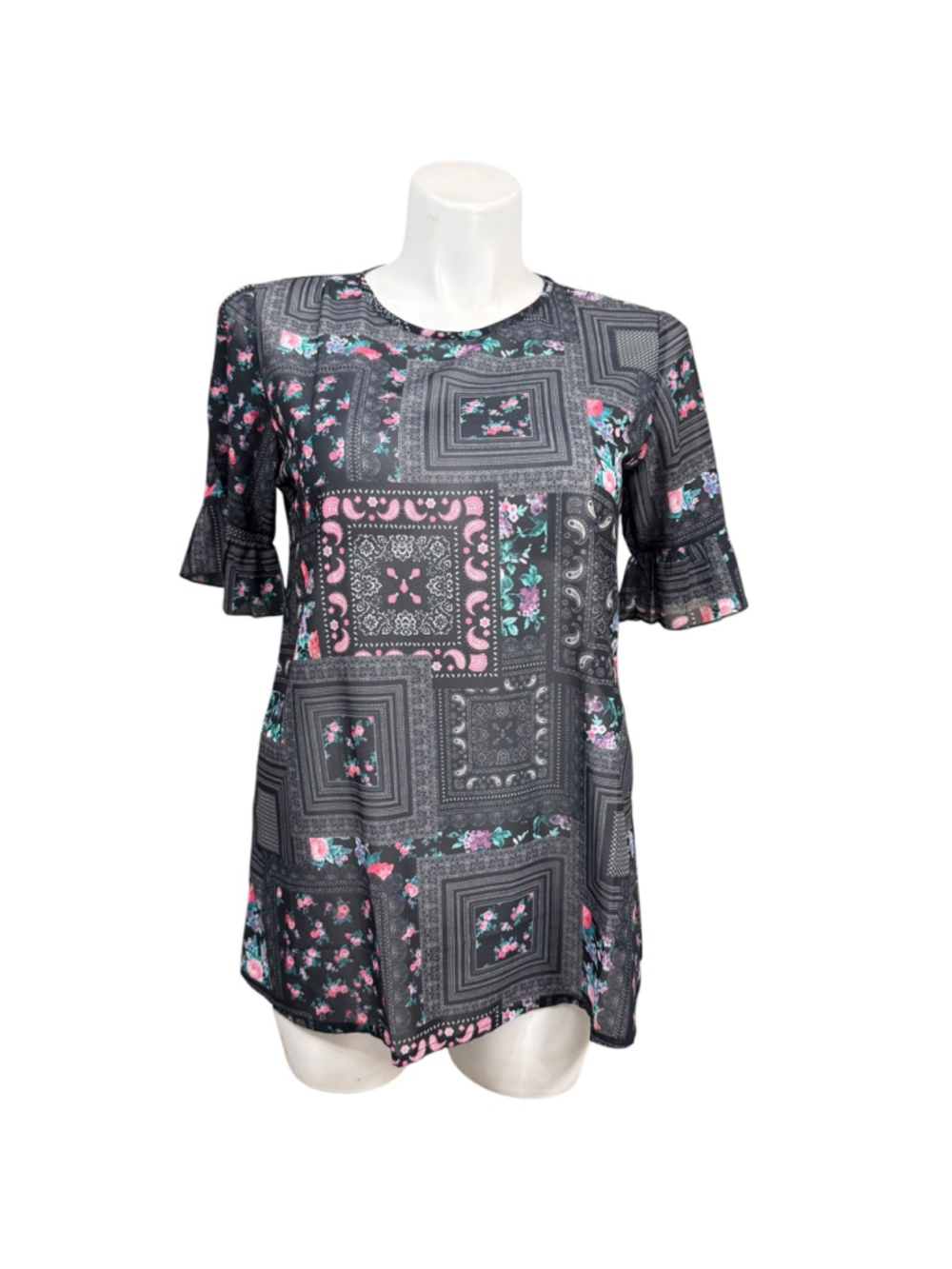 Southern Stitch Sheer Floral Paisley Patchwork Blouse Medium Boho Top